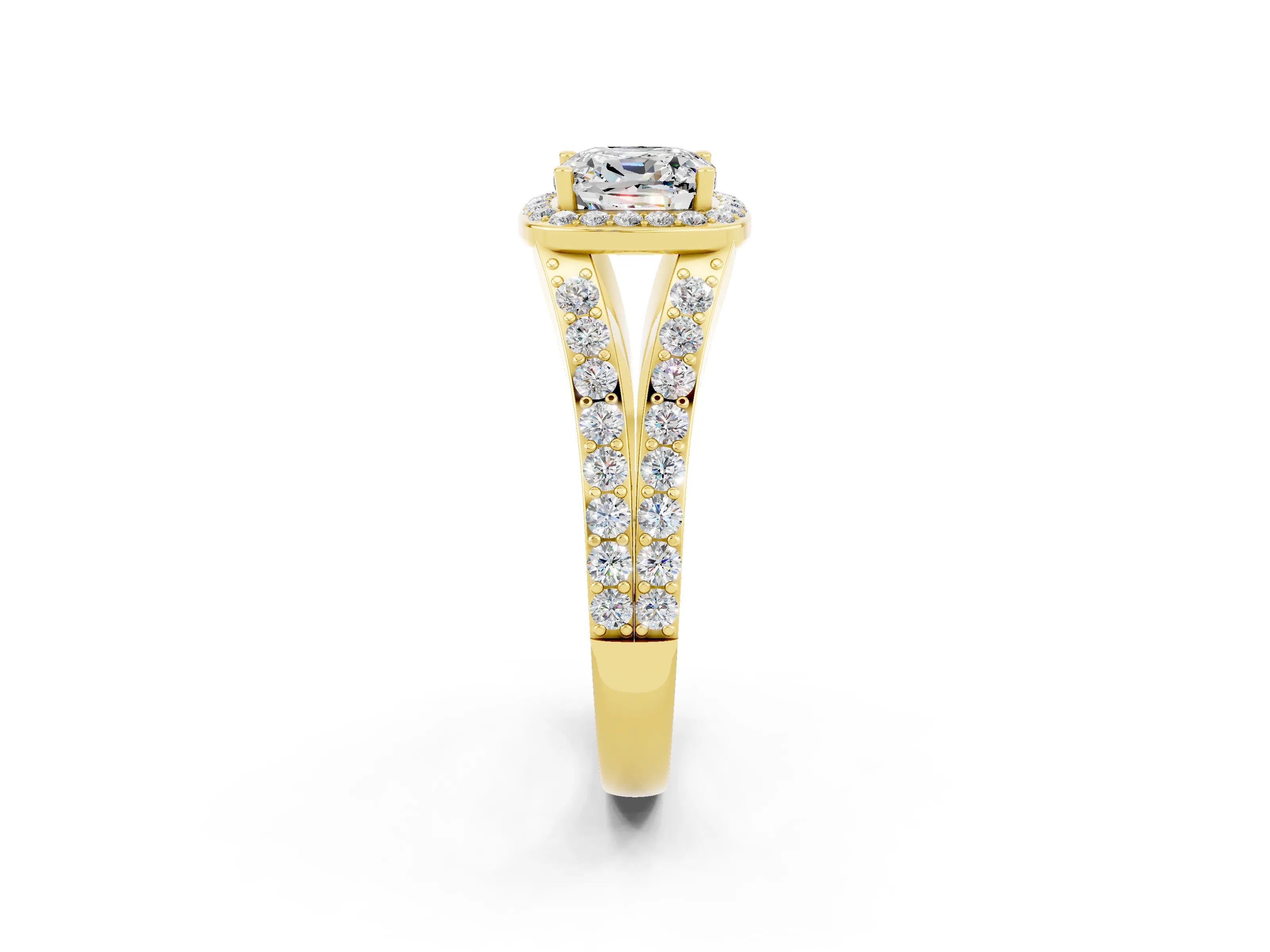 Yellow gold Cushion Cut Moissanite Split Shank Halo Ring with Four-Prong Setting_14