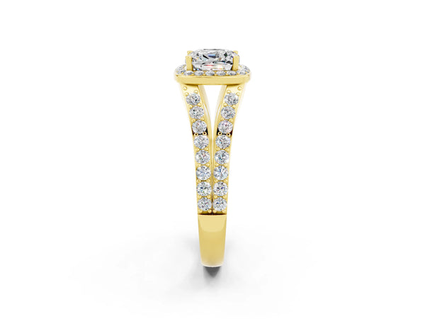 Yellow gold Cushion Cut Moissanite Split Shank Halo Ring with Four-Prong Setting