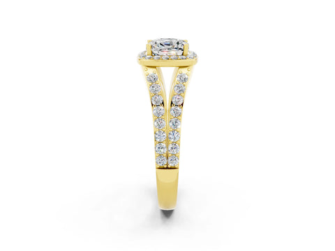 Yellow gold Cushion Cut Moissanite Split Shank Halo Ring with Four-Prong Setting_14