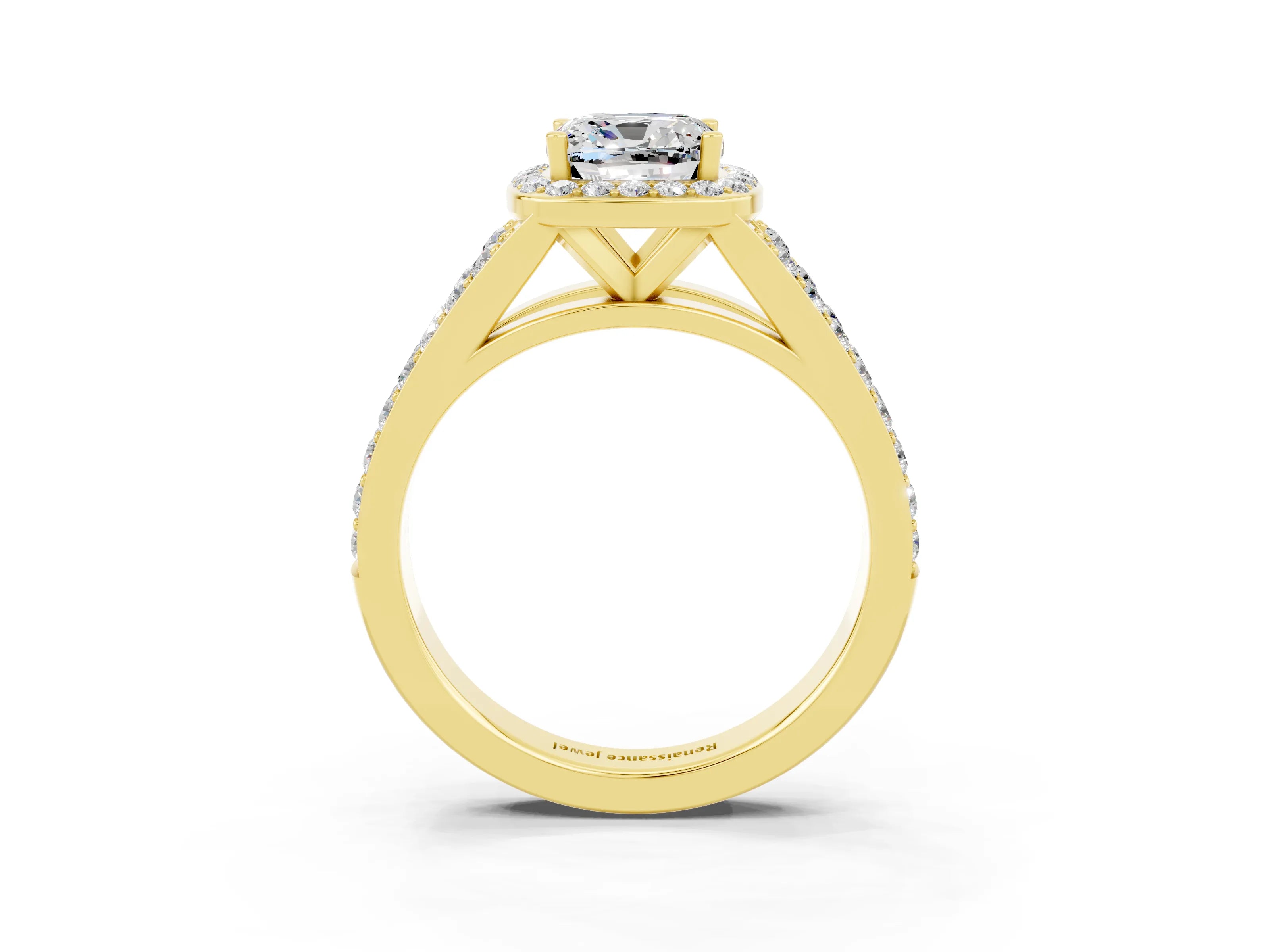 Yellow gold Cushion Cut Moissanite Split Shank Halo Ring with Four-Prong Setting_15