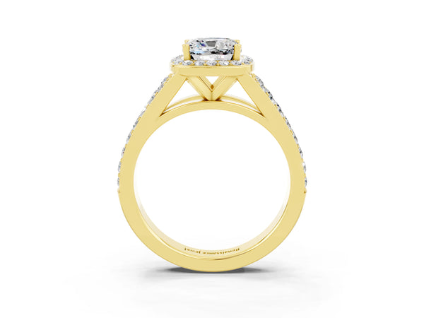 Yellow gold Cushion Cut Moissanite Split Shank Halo Ring with Four-Prong Setting