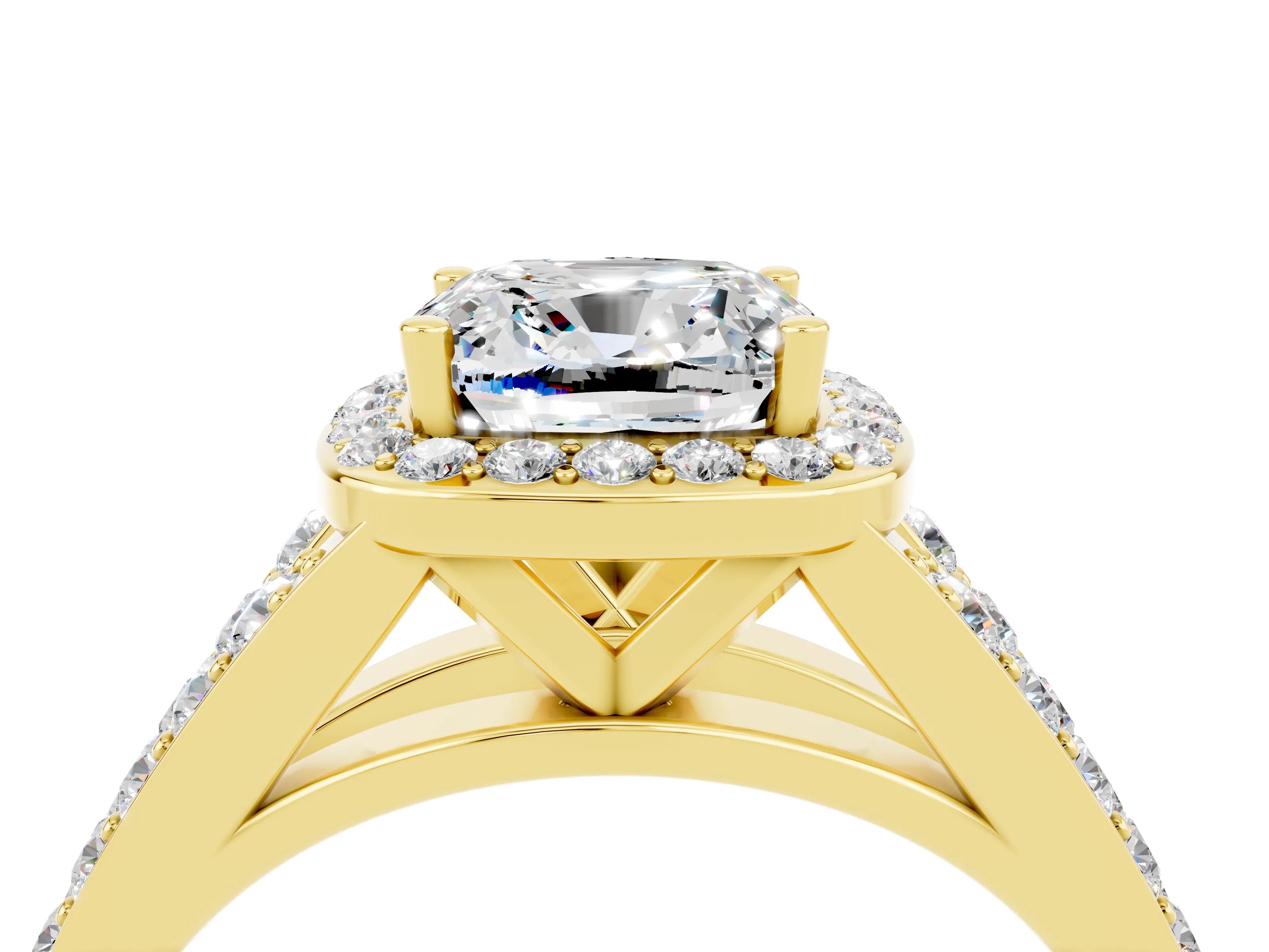 Yellow gold Cushion Cut Moissanite Split Shank Halo Ring with Four-Prong Setting_16