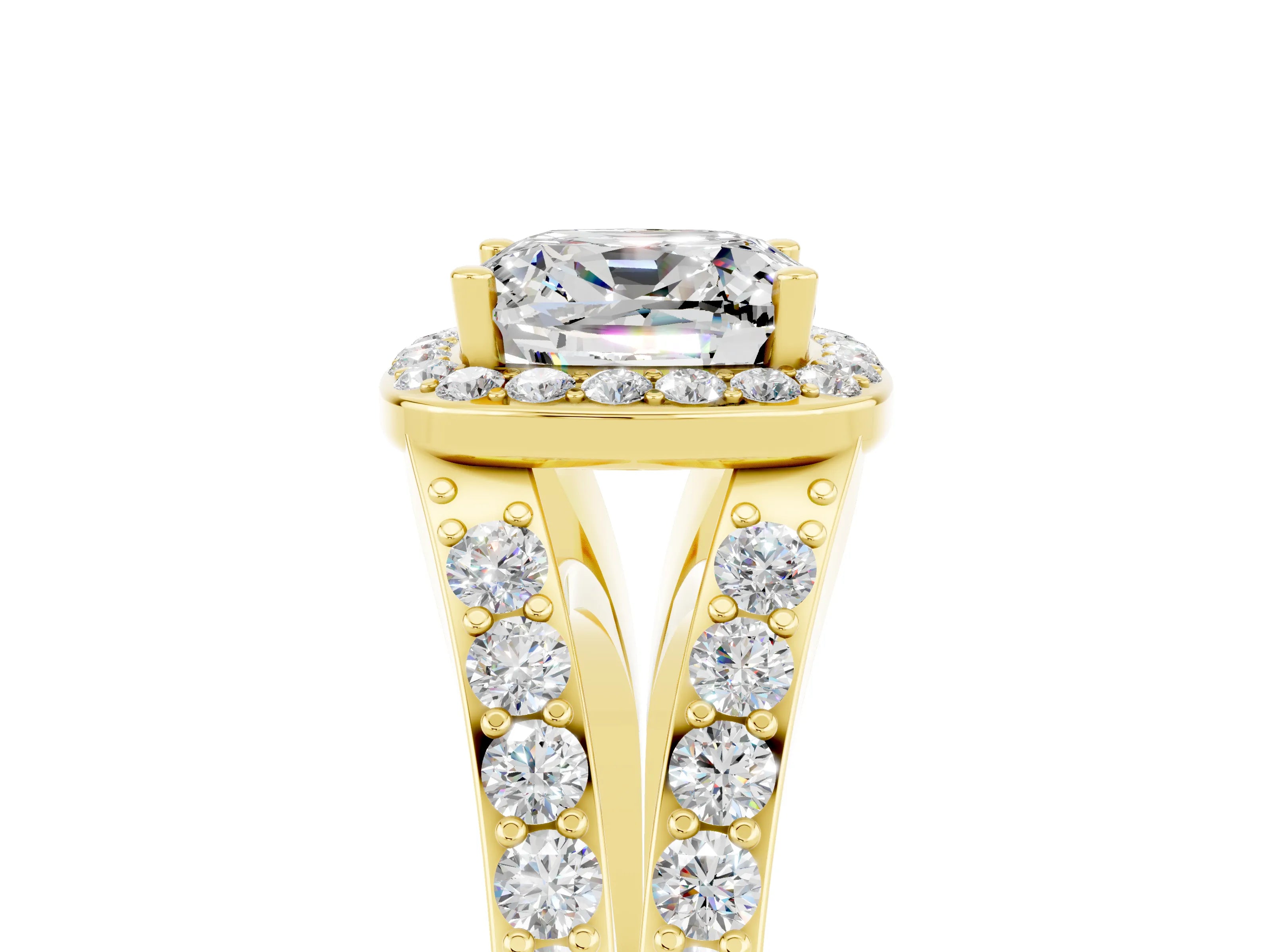 Yellow gold Cushion Cut Moissanite Split Shank Halo Ring with Four-Prong Setting_17
