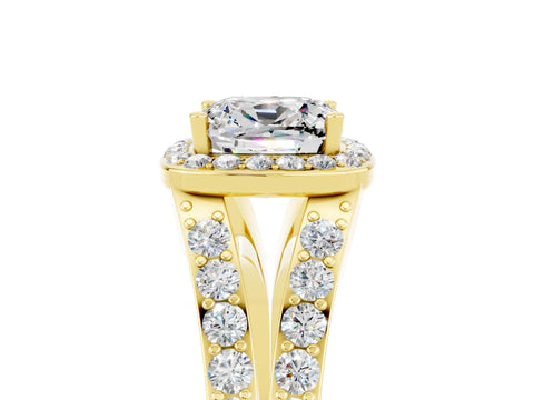 Yellow gold Cushion Cut Moissanite Split Shank Halo Ring with Four-Prong Setting_17