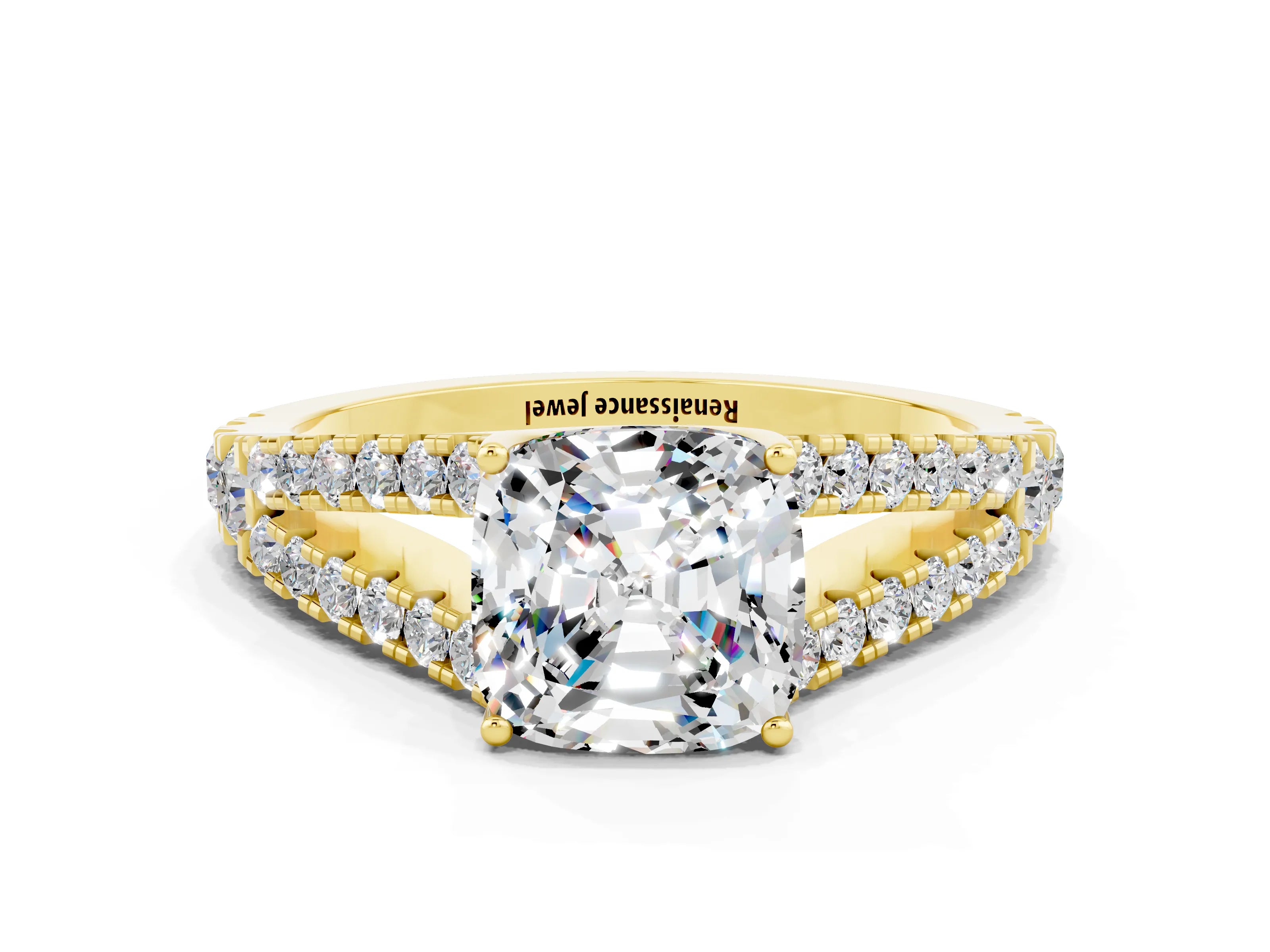 Yellow gold Cushion Cut Moissanite Split Shank Pavé Engagement Ring with Four-Prong Setting_34