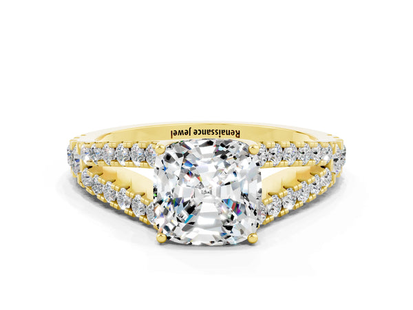 Yellow gold Cushion Cut Moissanite Split Shank Pavé Engagement Ring with Four-Prong Setting