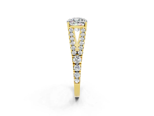 Yellow gold Cushion Cut Moissanite Split Shank Pavé Engagement Ring with Four-Prong Setting