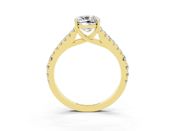 Yellow gold Cushion Cut Moissanite Split Shank Pavé Engagement Ring with Four-Prong Setting