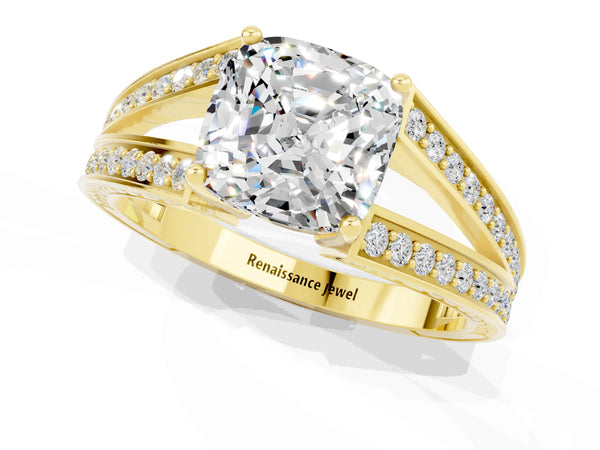 Yellow gold Cushion Cut Moissanite Split Shank Ring with Pavé Band and Four-Prong Setting