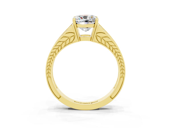 Yellow gold Cushion Cut Moissanite Split Shank Ring with Pavé Band and Four-Prong Setting