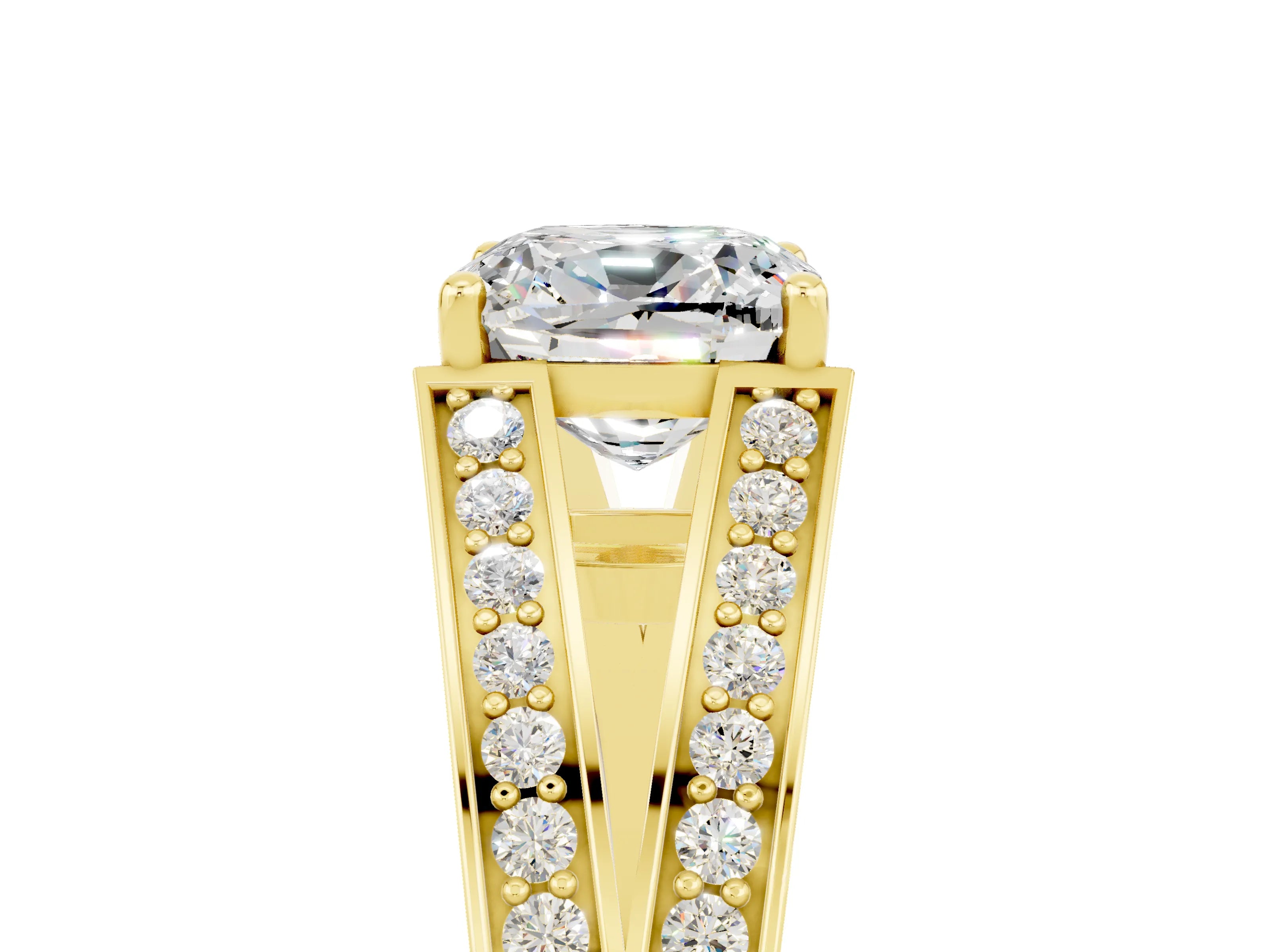 Yellow gold Cushion Cut Moissanite Split Shank Ring with Pavé Band and Four-Prong Setting_4