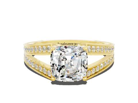 Yellow gold Cushion Cut Moissanite Split Shank Ring with Pavé Band and Four-Prong Setting