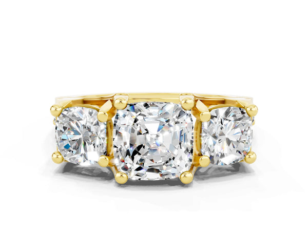 Yellow gold Cushion Cut Moissanite Three-Stone Ring with Channel Set Band and Four-Prong Setting