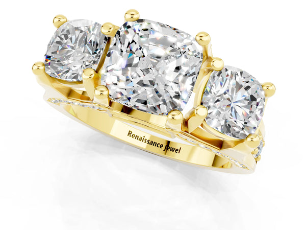 Yellow gold Cushion Cut Moissanite Three-Stone Ring with Channel Set Band and Four-Prong Setting