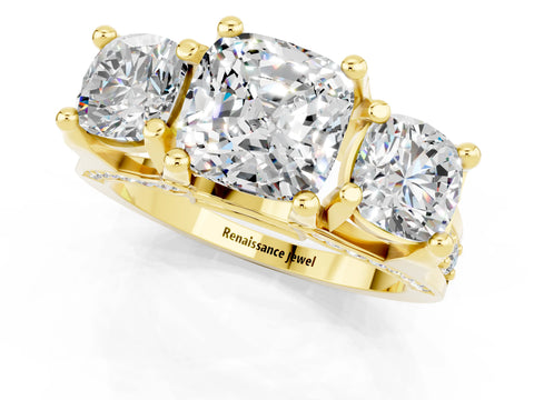 Yellow gold Cushion Cut Moissanite Three-Stone Ring with Channel Set Band and Four-Prong Setting_1