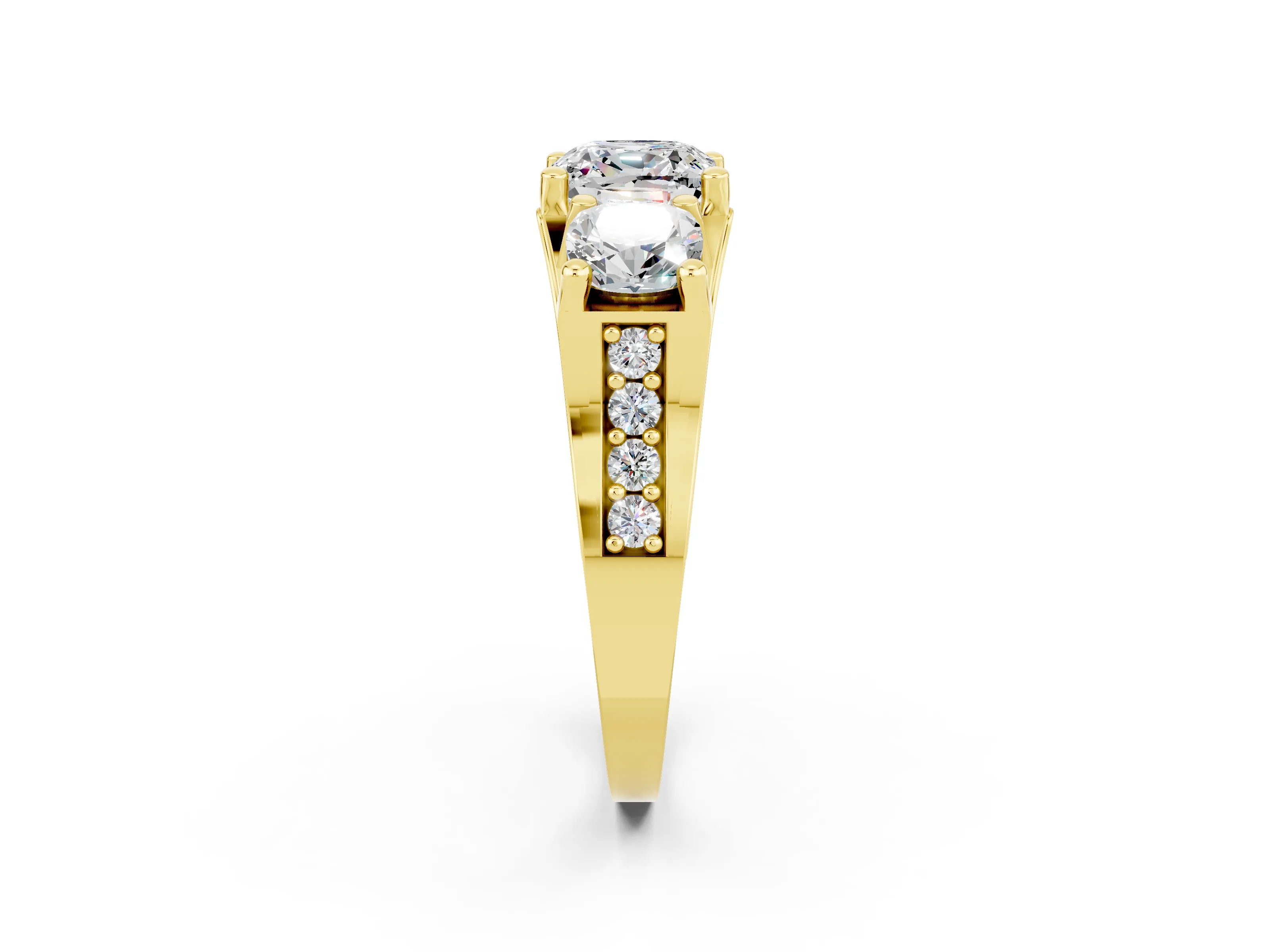 Yellow gold Cushion Cut Moissanite Three-Stone Ring with Channel Set Band and Four-Prong Setting_2
