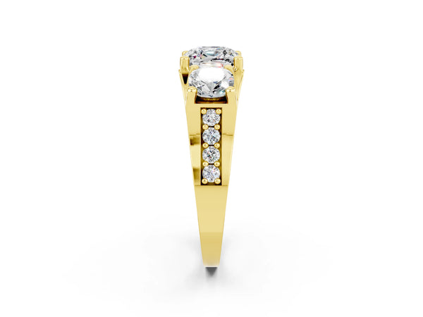 Yellow gold Cushion Cut Moissanite Three-Stone Ring with Channel Set Band and Four-Prong Setting