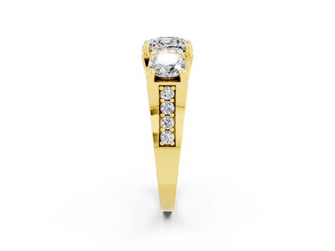 Yellow gold Cushion Cut Moissanite Three-Stone Ring with Channel Set Band and Four-Prong Setting_2