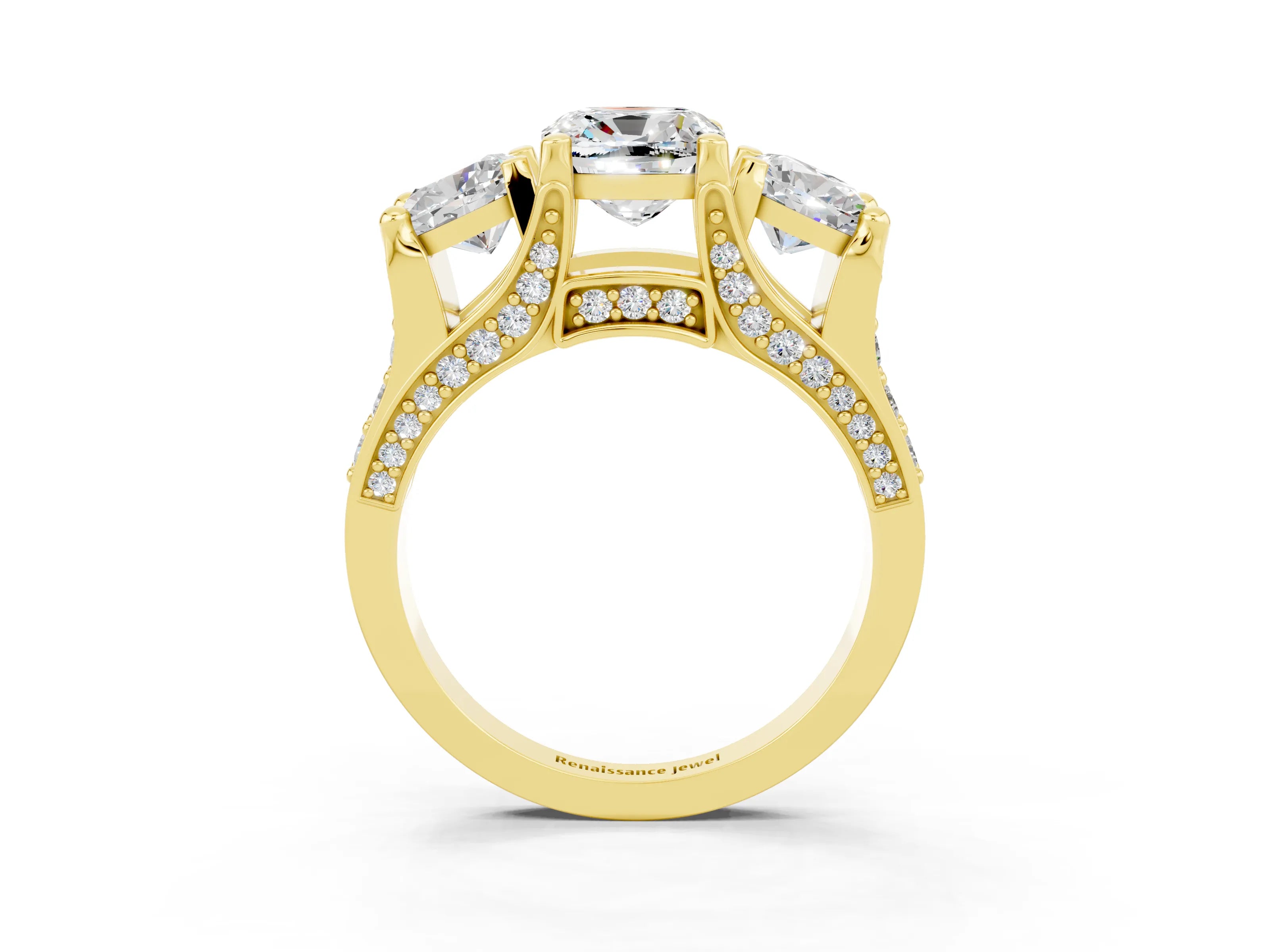 Yellow gold Cushion Cut Moissanite Three-Stone Ring with Channel Set Band and Four-Prong Setting_3