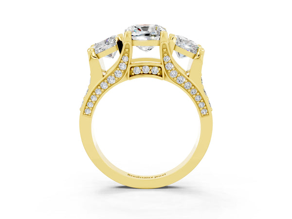 Yellow gold Cushion Cut Moissanite Three-Stone Ring with Channel Set Band and Four-Prong Setting