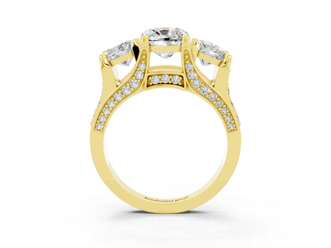 Yellow gold Cushion Cut Moissanite Three-Stone Ring with Channel Set Band and Four-Prong Setting_3