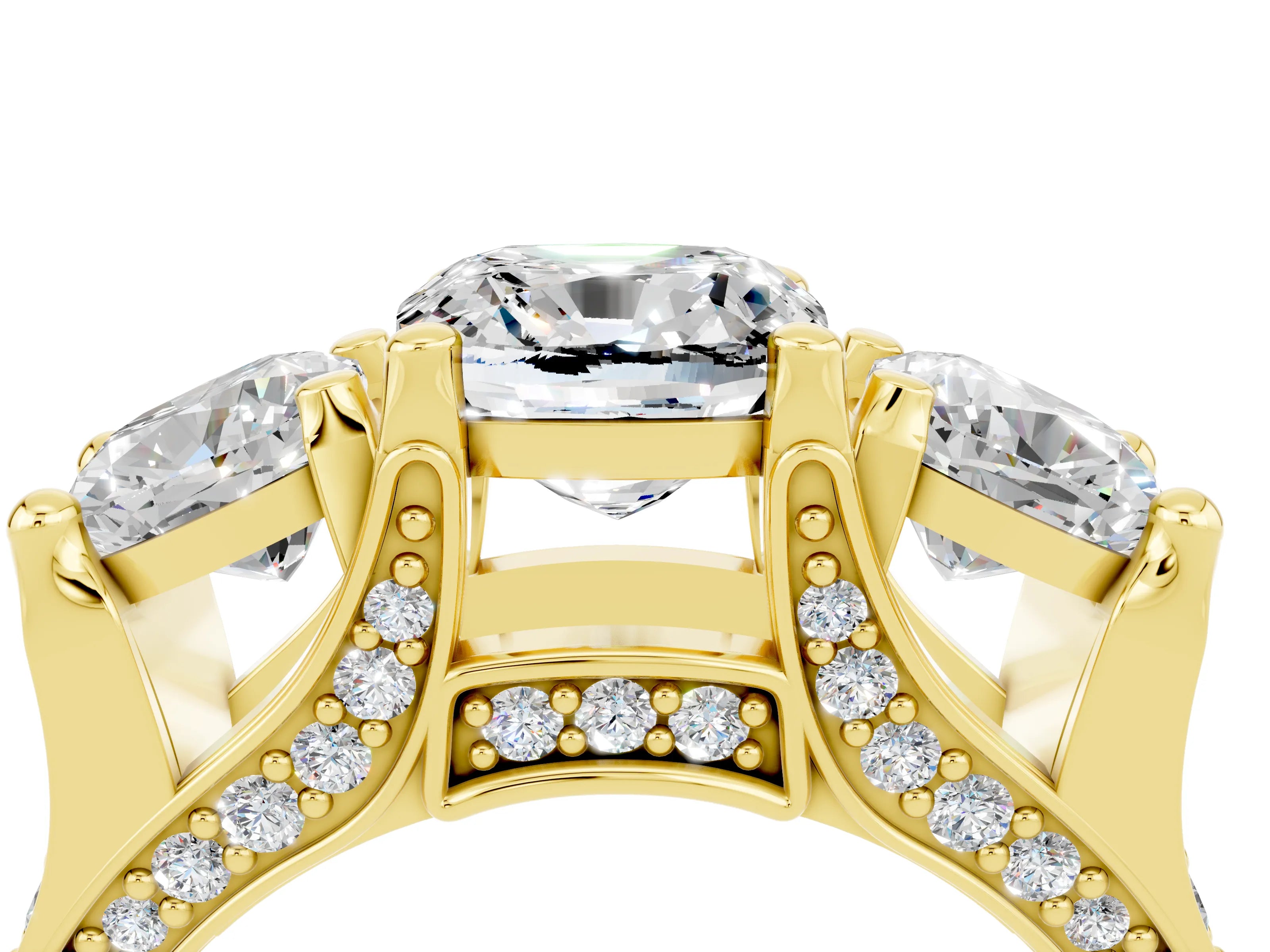 Yellow gold Cushion Cut Moissanite Three-Stone Ring with Channel Set Band and Four-Prong Setting_4