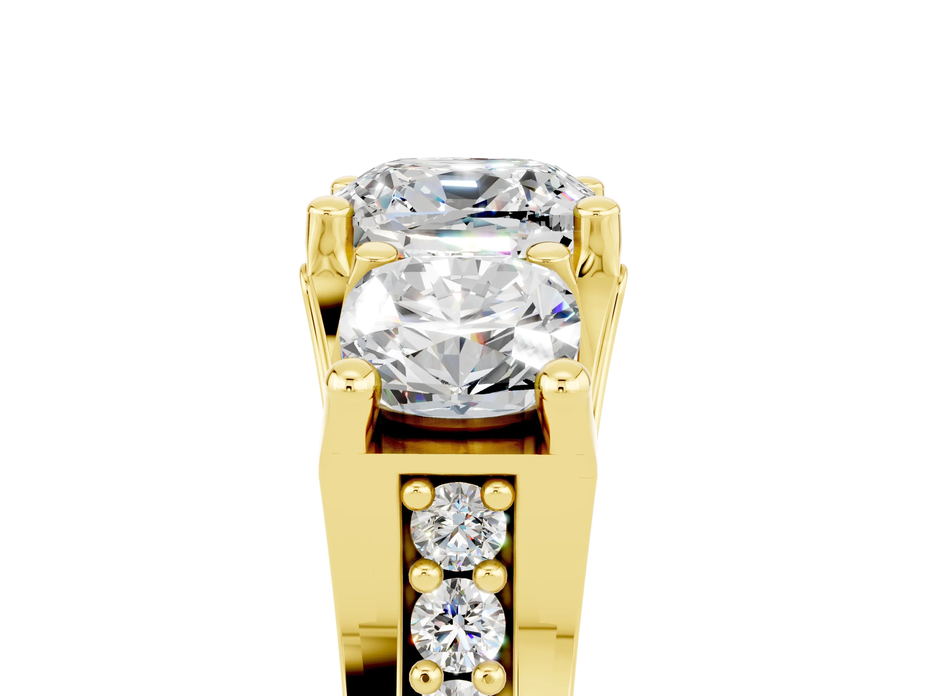 Yellow gold Cushion Cut Moissanite Three-Stone Ring with Channel Set Band and Four-Prong Setting_5