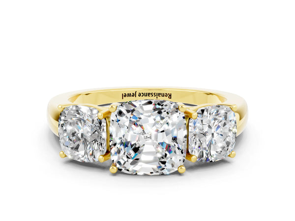 Yellow gold Cushion Cut Moissanite Three-Stone Ring with Four-Prong Setting and Classic Band