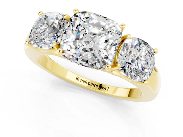 Yellow gold Cushion Cut Moissanite Three-Stone Ring with Four-Prong Setting and Classic Band