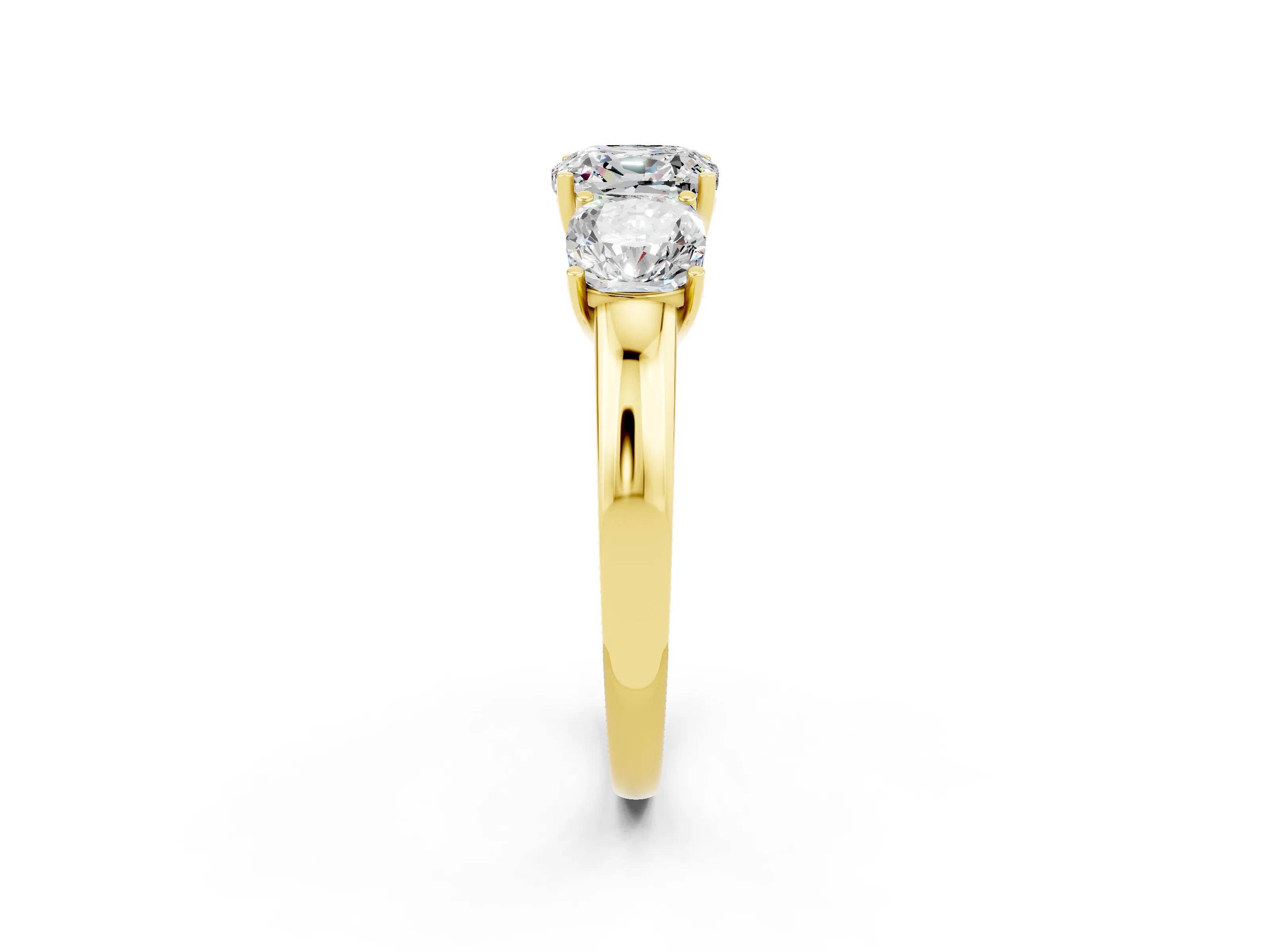 Yellow gold Cushion Cut Moissanite Three-Stone Ring with Four-Prong Setting and Classic Band_2
