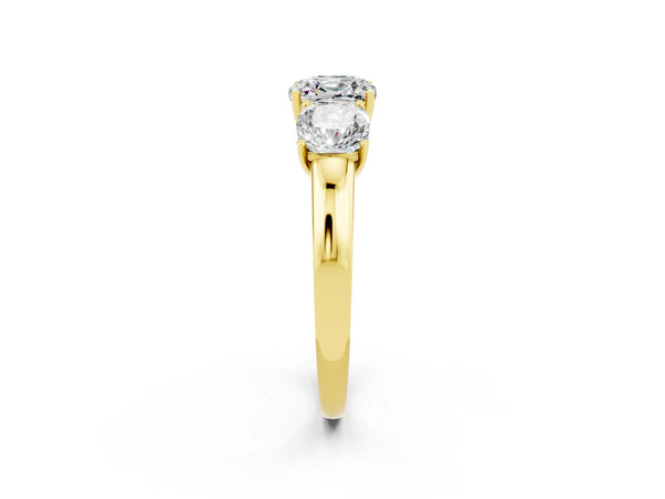 Yellow gold Cushion Cut Moissanite Three-Stone Ring with Four-Prong Setting and Classic Band