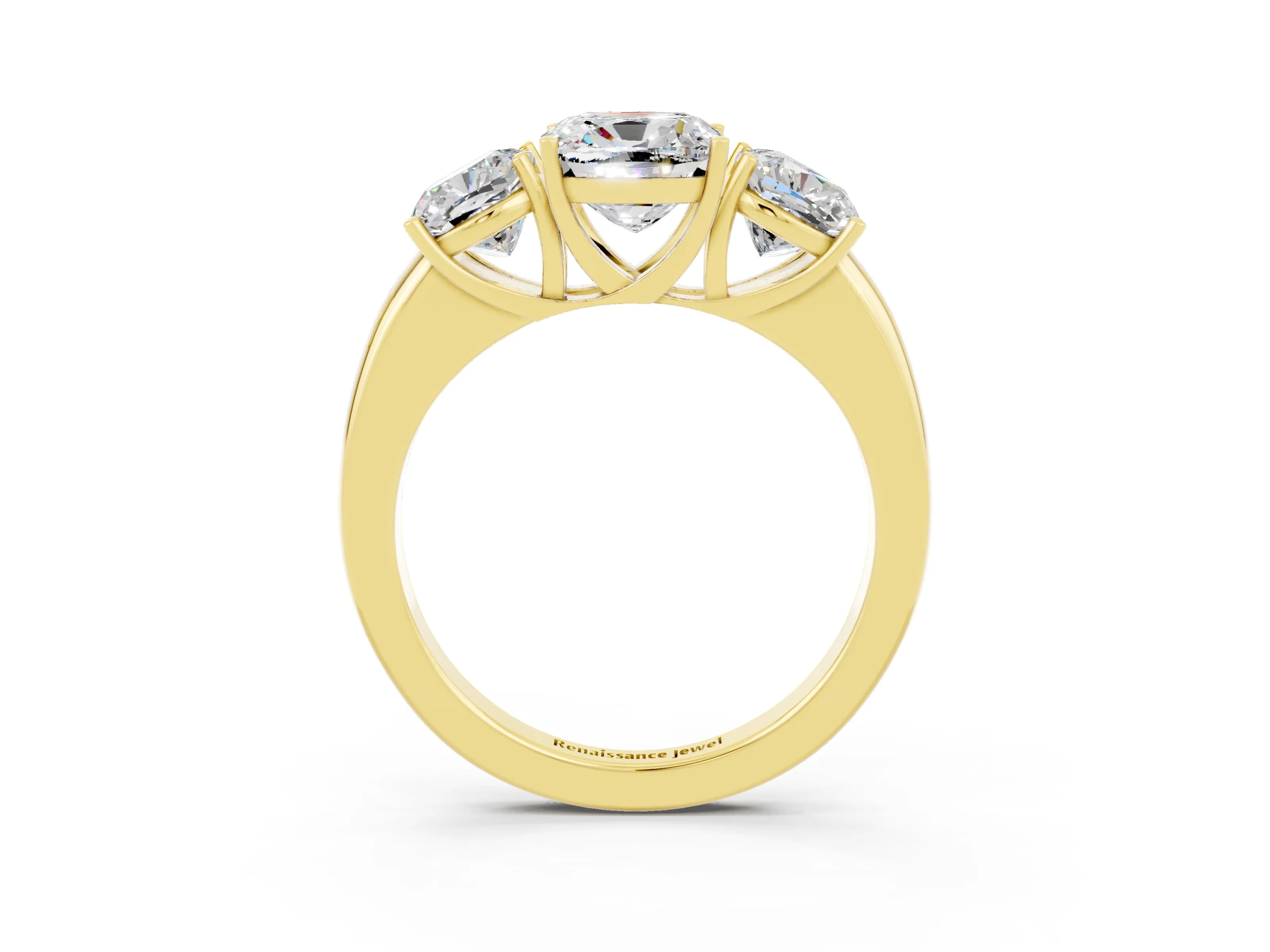 Yellow gold Cushion Cut Moissanite Three-Stone Ring with Four-Prong Setting and Classic Band_3