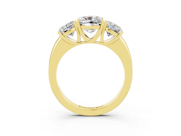 Yellow gold Cushion Cut Moissanite Three-Stone Ring with Four-Prong Setting and Classic Band