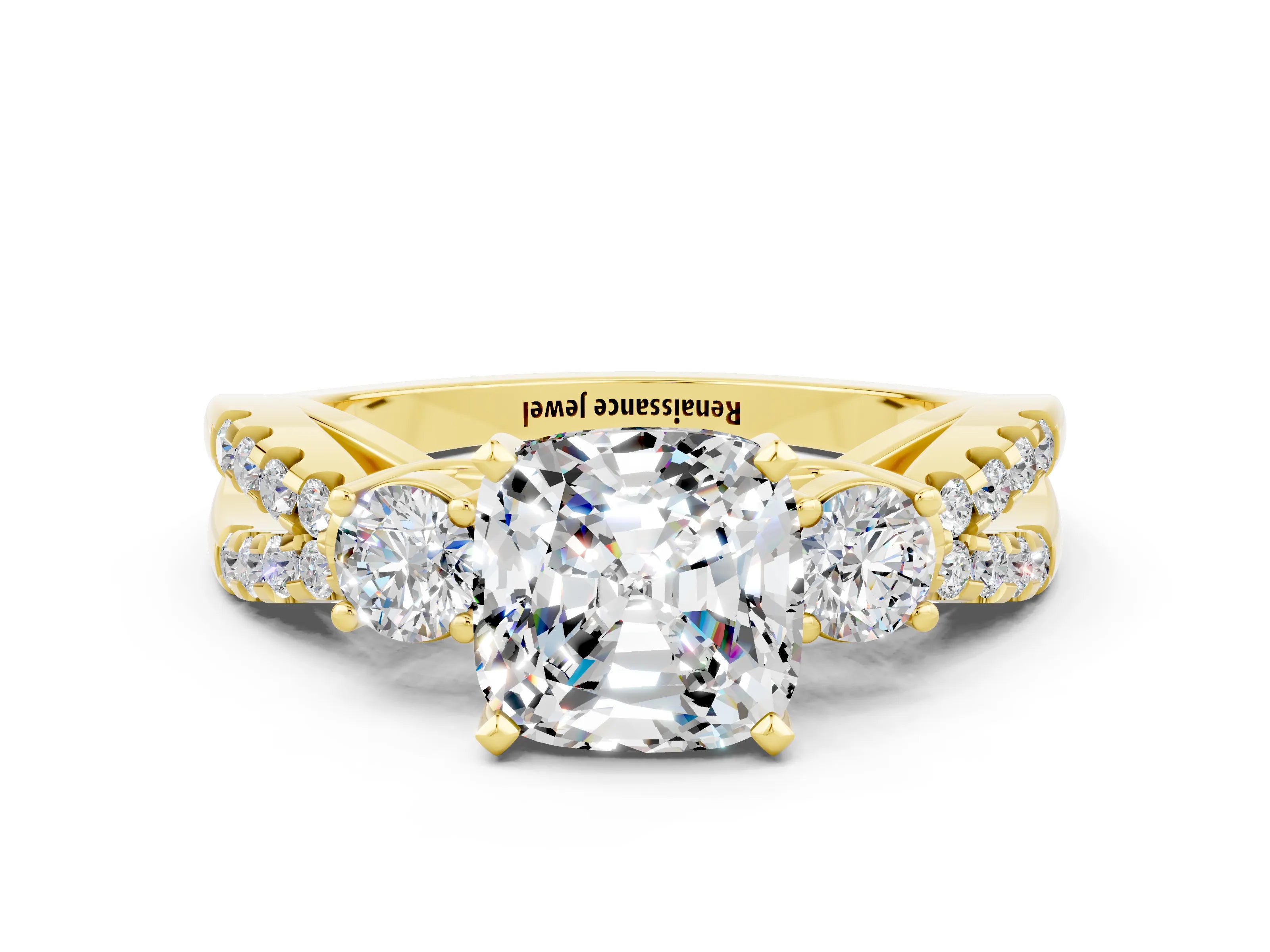Yellow gold Cushion Cut Moissanite Three-Stone Ring with Pavé Split Shank and Four-Prong Setting_12