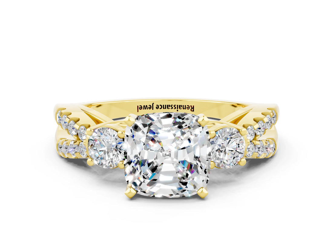 Yellow gold Cushion Cut Moissanite Three-Stone Ring with Pavé Split Shank and Four-Prong Setting_12