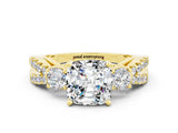 Yellow gold Cushion Cut Moissanite Three-Stone Ring with Pavé Split Shank and Four-Prong Setting_12