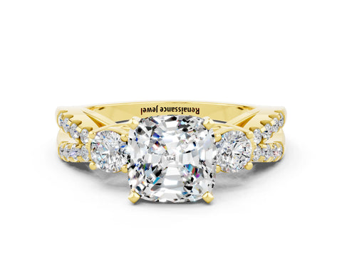Yellow gold Cushion Cut Moissanite Three-Stone Ring with Pavé Split Shank and Four-Prong Setting_12