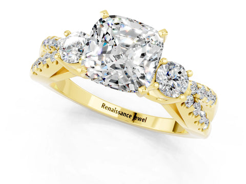 Yellow gold Cushion Cut Moissanite Three-Stone Ring with Pavé Split Shank and Four-Prong Setting_13