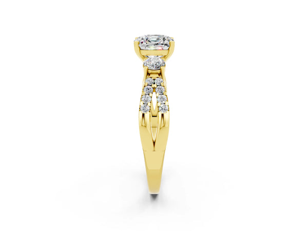 Yellow gold Cushion Cut Moissanite Three-Stone Ring with Pavé Split Shank and Four-Prong Setting