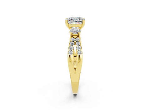Yellow gold Cushion Cut Moissanite Three-Stone Ring with Pavé Split Shank and Four-Prong Setting_14