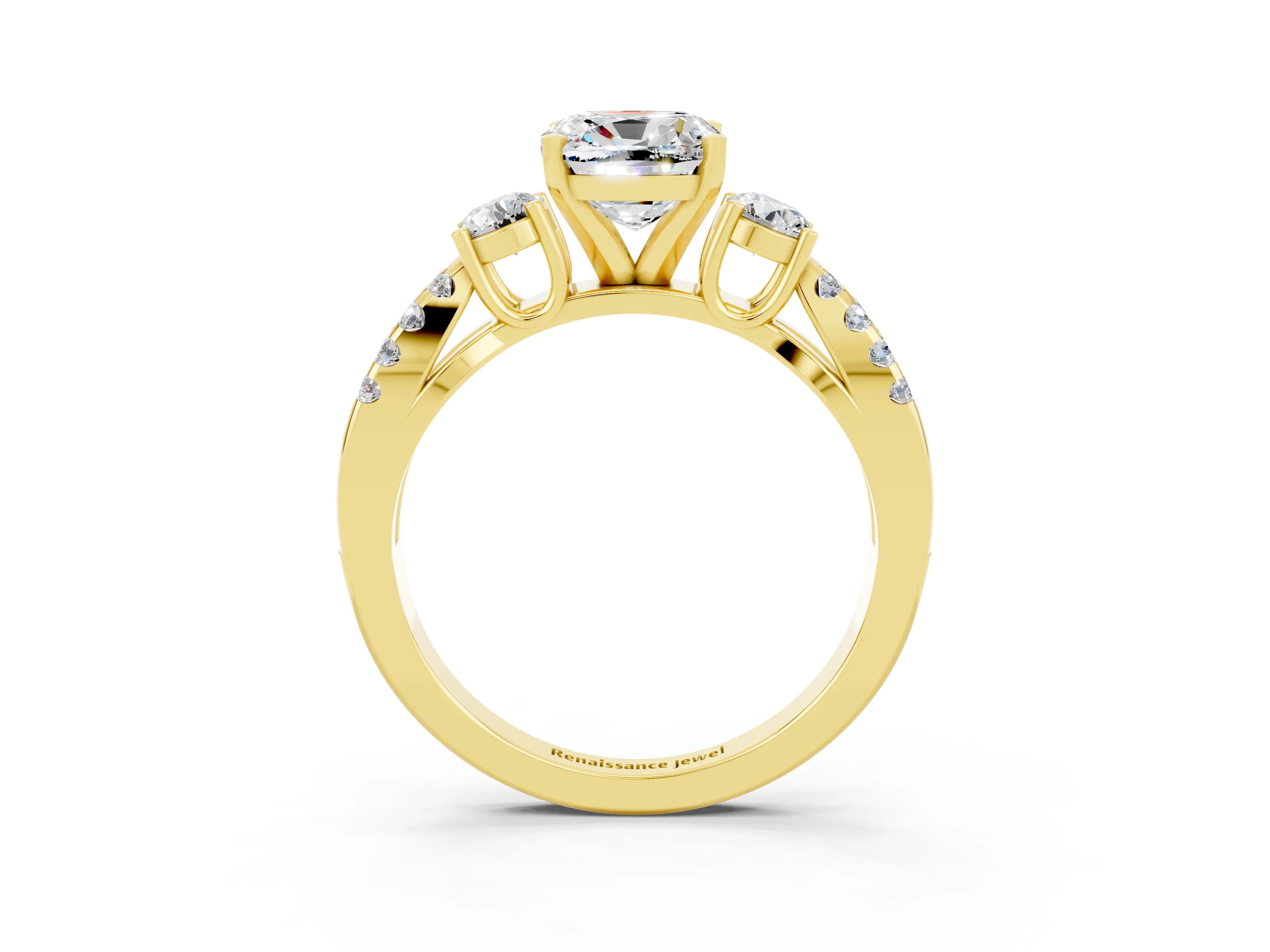 Yellow gold Cushion Cut Moissanite Three-Stone Ring with Pavé Split Shank and Four-Prong Setting_15
