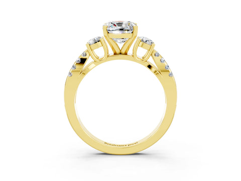 Yellow gold Cushion Cut Moissanite Three-Stone Ring with Pavé Split Shank and Four-Prong Setting_15