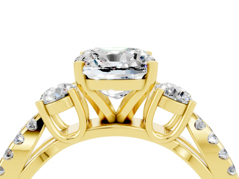 Yellow gold Cushion Cut Moissanite Three-Stone Ring with Pavé Split Shank and Four-Prong Setting_16