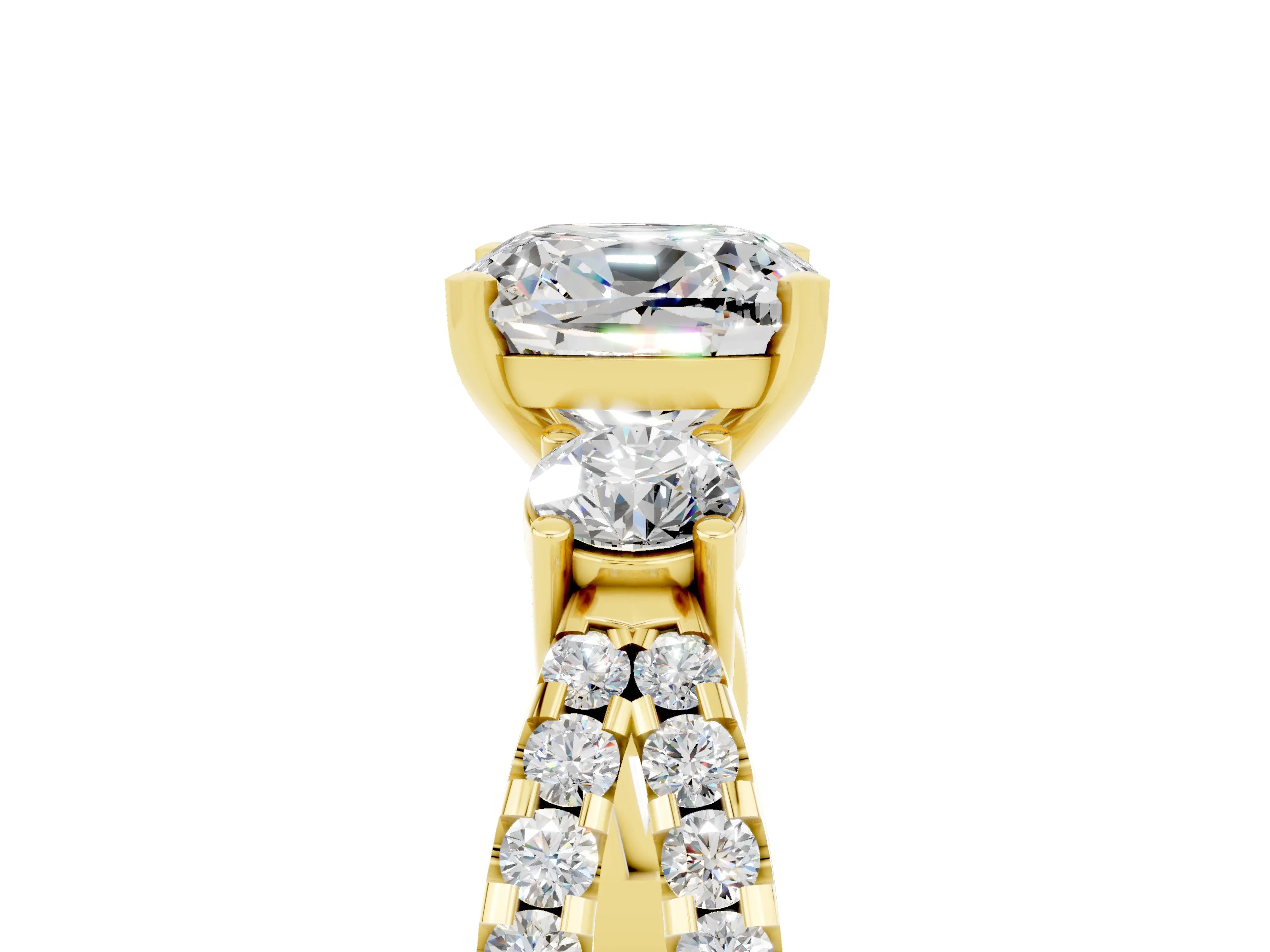 Yellow gold Cushion Cut Moissanite Three-Stone Ring with Pavé Split Shank and Four-Prong Setting_17