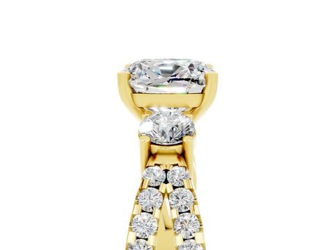 Yellow gold Cushion Cut Moissanite Three-Stone Ring with Pavé Split Shank and Four-Prong Setting_17