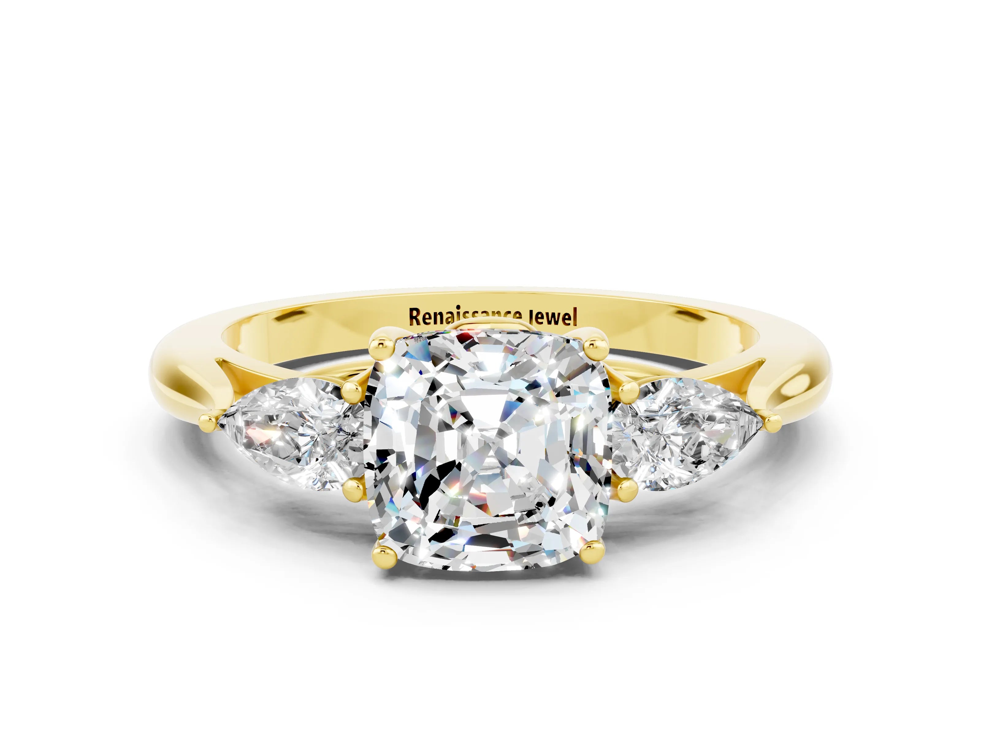 Yellow gold Cushion Cut Moissanite Three-Stone Ring with Pear Side Stones and Four-Prong Setting_12