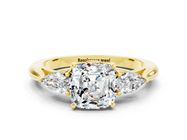 Yellow gold Cushion Cut Moissanite Three-Stone Ring with Pear  Side Stones and Prong Setting