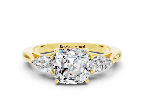 Yellow gold Cushion Cut Moissanite Three-Stone Ring with Pear Side Stones and Four-Prong Setting_12