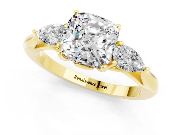 Yellow gold Cushion Cut Moissanite Three-Stone Ring with Pear  Side Stones and Prong Setting