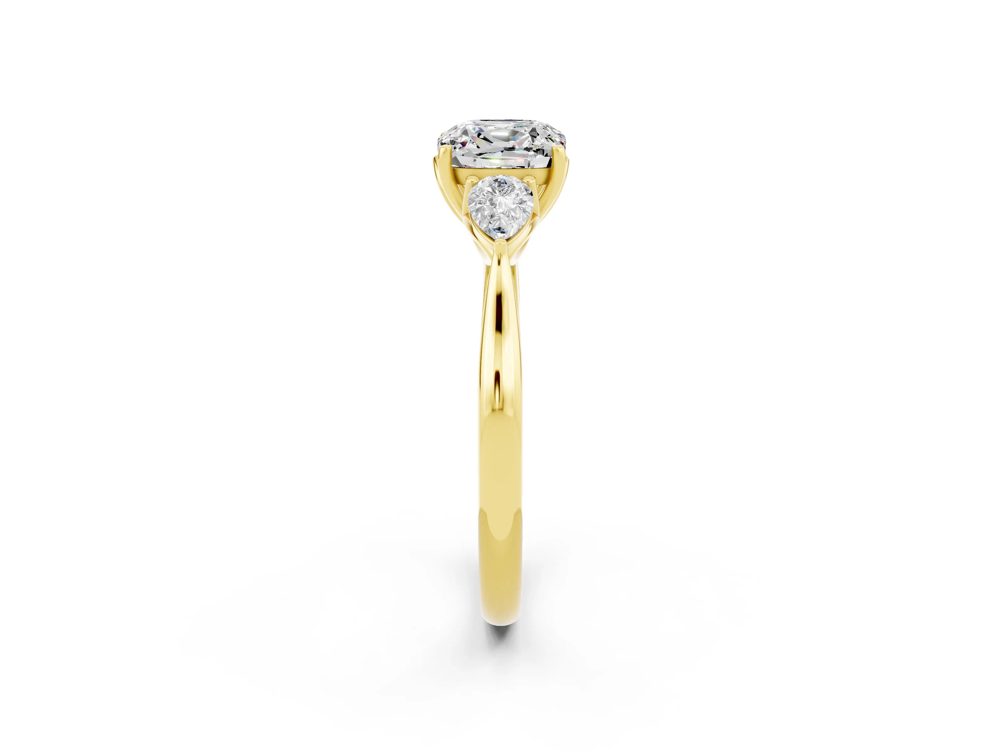 Yellow gold Cushion Cut Moissanite Three-Stone Ring with Pear Side Stones and Four-Prong Setting_14